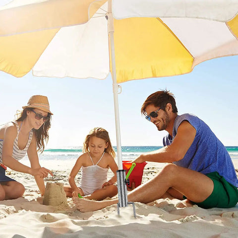 Family enjoying beach under Portable Beach Umbrella Sand Anchor Stand, Rust-Resistant Iron Ground Anchor For 0.9-1.2 Inch Poles