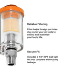 Hella Heavy Duty Water Oil Separator Filter For Air Compressor Built Different With Quarter Inch NPT Threads And Quality Brass Fittings Kicks Condensation Out Smoothly Connects To Spray Guns And Pneumatic Gear Pack Of Two, featuring a clear aluminum body and orange top.