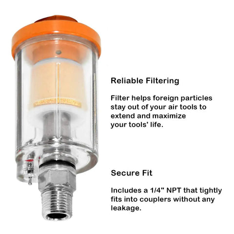 Hella Heavy Duty Water Oil Separator Filter For Air Compressor Built Different With Quarter Inch NPT Threads And Quality Brass Fittings Kicks Condensation Out Smoothly Connects To Spray Guns And Pneumatic Gear Pack Of Two, featuring a clear aluminum body and orange top.