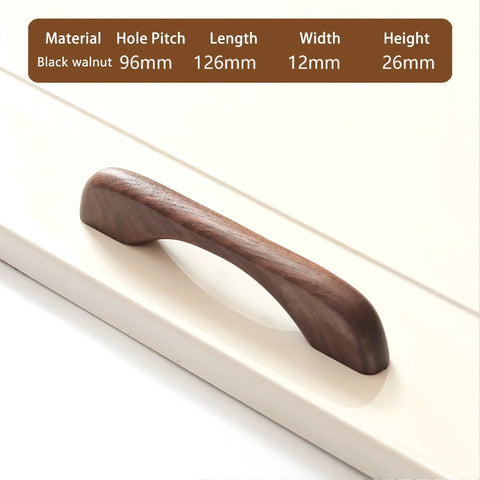 Two Solid Wood Dark Walnut Cabinet Pulls 126mm Overall Length 96mm Center to Center Mounting 12mm Width on cream surface