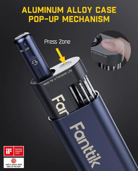 Mini Cordless Rotary Tool Kit With NeoPulse Motor And Revostor Hub showing aluminum alloy case and pop-up mechanism, navy blue.