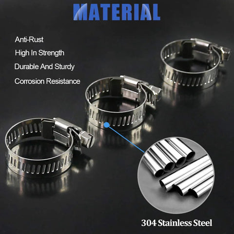 Worm-gear hose clamps set, 20 pcs, 304 stainless steel, adjustable 18–32 mm; four clamps shown.