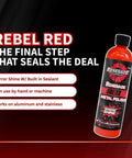 Rebel Red Liquid Metal Polish bottle from Big Rig And Semi Truck Metal Polishing Complete Kit with usage features displayed.