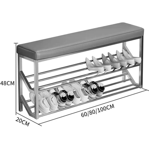 Industrial 2 Tier Shoe Rack Bench With Seat And Brown Entryway Organizer Stand Metal Shoe Storage Shelves For Shoes