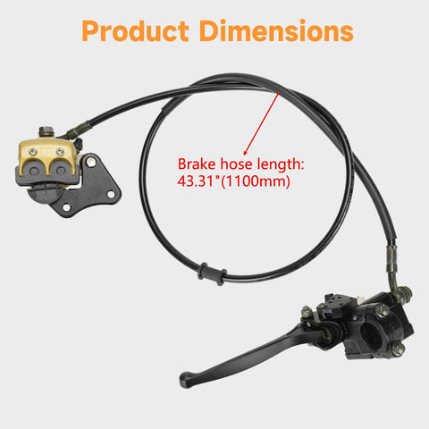 Beefy Front Hydraulic Disc Brake Caliper Assembly And Master Cylinder Kit With Pads Bolt On For 50cc To 125cc Pit Dirt Bikes Including SSR Apollo Taotao Coolster DHZ Stomp Demon X Thumpstar Pitster Pro Roketa And More showing 43.31 inch brake hose length