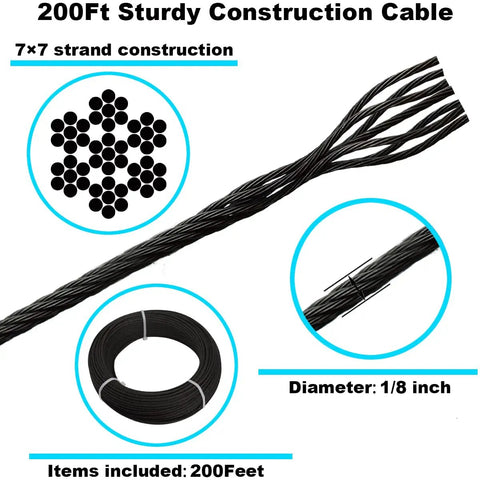 One Eighth Inch Stainless Steel Wire Rope For Cable Railing Hardware Kit In Black T316 Marine Grade 200 Foot Length