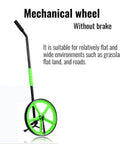 Rock Solid Aluminum Measuring Wheel With Giant Digital Dial And Easy Fold Handle For No Sweat Field Work And Swift Land Surveying Up to 9999 Meters, featuring a green wheel and handle.