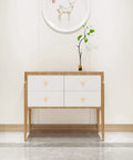 Front view of dresser with Brushed Brass Cabinet Knobs Set Of 8 With Screws And Screwdriver 20X25 Mm solid brass hardware installed