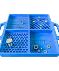 Silicone Fastener Tray For Bolts, Nuts, And Bits With Handy Handle displaying organized fasteners and washers in blue compartments.