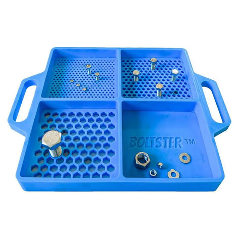 Silicone Fastener Tray For Bolts, Nuts, And Bits With Handy Handle displaying organized fasteners and washers in blue compartments.