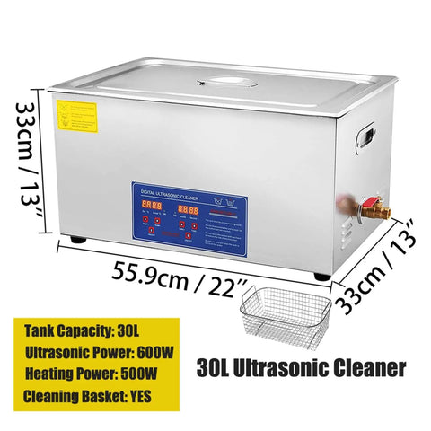 Heavy Duty Stainless Steel Ultrasonic Cleaner With Heat And Digital Timer For Glasses Jewelry Tools And Parts, 30L with cleaning basket.
