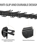 Close-up of 48 Inch Garage Tool Organizer Wall Mounted Storage Rack with rubber-coated hooks and waterproof design.