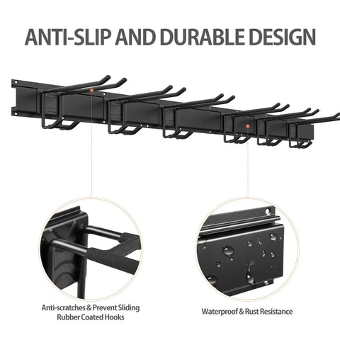 Close-up of 48 Inch Garage Tool Organizer Wall Mounted Storage Rack with rubber-coated hooks and waterproof design.