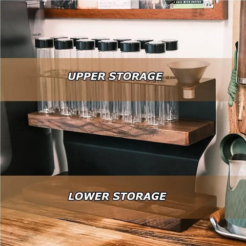 Transform Your Counter Into A Lowkey Essential Coffee Bar With This Badass 2 Tier Organizer Stand Built On Solid Wood And Carbon Steel Frame Holds 12 Airtight Bean Canisters One Way Valves Plus Pour Funnel upper and lower storage sections