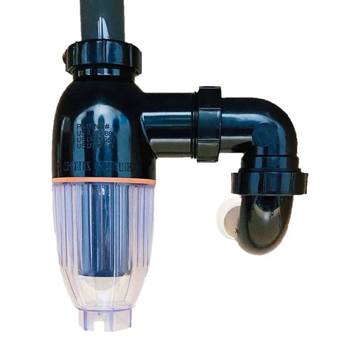 No Mess Money Saving P Trap 2 Pack in black and transparent, easy to install under sink plumbing upgrade, side view.