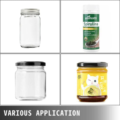 Image of clear jars and a bottle, showcasing various uses for VFLDKRQAWYS MT-30 Semi-Automatic Bottle Labeling Machine For Plastic Glass Metal Round Cylinders DIY Desktop Applicator With Electrical Adhesive Printer And Sturdy Steel Construction Speed Control.