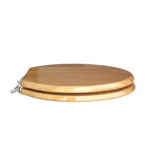 Elongated Solid Wood Toilet Seat With Durable Rubberwood Build Built To Last High Gloss Piano Finish PVD Brushed Nickel Hinges