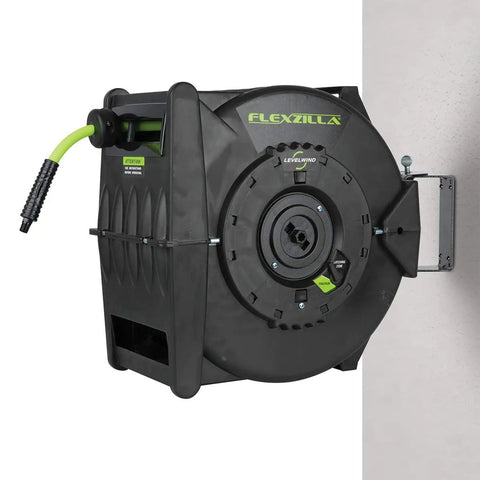 Levelwind Retractable Air Hose Reel 3/8 Inch By 75 Feet Workhorse Heavy Duty Lightweight Hybrid For Garages And Shops on wall mount