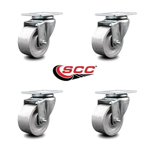 Four Beefy Semi Steel Cast Iron Swivel Top Plate Caster Set Of Four With Three Inch Silver Wheels 1200 Lb Total Capacity displayed