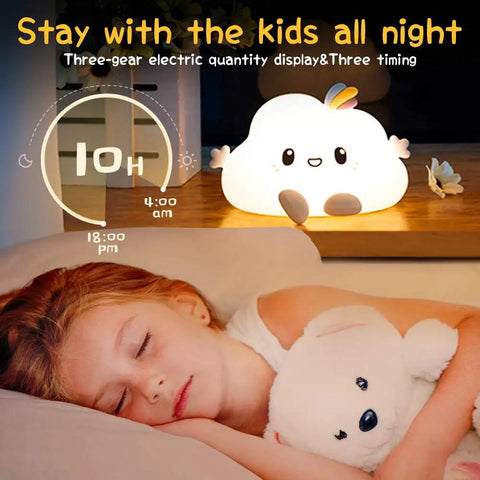 LED Cloud Night Light With 16 Color Options Silicone Cloud Lamp next to sleeping child holding teddy bear