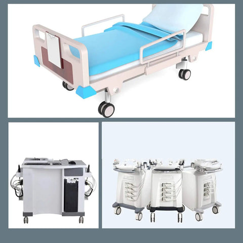 Badass Heavy Duty Trolley Casters Featuring Slick Polyurethane Wheels And Rock Solid Double Rotary Brakes For Furniture And Medical Equipment Rolling Smoothly on a hospital bed and medical equipment.
