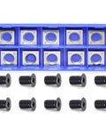10 Pack 14mm Carbide Inserts Heavy Duty Workhorse Replacement Blades For Spiral Planer And Helical Jointer with screws in blue case.