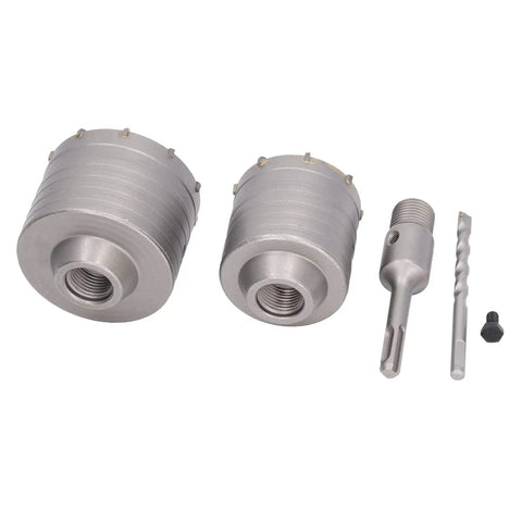 Heavy Duty 5 Piece Concrete Hole Saw Set With 65mm And 80mm Masonry Drill Bits For Brick, Stone Walls Built Tough From 45 Steel YG8 Alloy For Rock Solid Drilling Results On Jobsites Today.