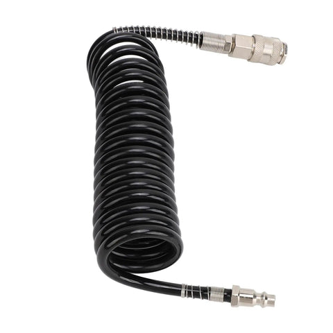 3 Meter Self-Retracting Air Hose, Hella Tough Rubber and Steel Construction, coiled design with steel connection tips.