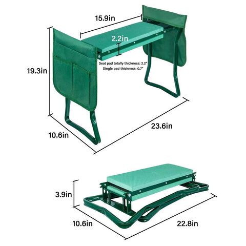 Garden Kneeler And Seat With Soft EVA Foam Pad, Foldable Kneeling Bench, 2 Tool Pouches Included, Heavy Duty Steel Frame, Easy Carry