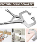 4 Pack Heavy Duty C Clamp Locking Clamps With 6 Inch And 11 Inch Tips, Swivel Pads, Quick Trigger Release, Chrome Vanadium Alloy Build, Built To Last For Your Home Workshop And Craft Projects That Grip Odd Shapes Tight. Heavy duty locking C-clamp set with chrome vanadium alloy and swivel pads, shown clamping wood and board edges.