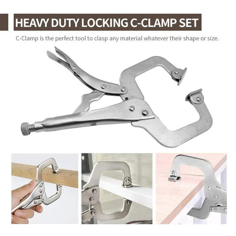 4 Pack Heavy Duty C Clamp Locking Clamps With 6 Inch And 11 Inch Tips, Swivel Pads, Quick Trigger Release, Chrome Vanadium Alloy Build, Built To Last For Your Home Workshop And Craft Projects That Grip Odd Shapes Tight. Heavy duty locking C-clamp set with chrome vanadium alloy and swivel pads, shown clamping wood and board edges.