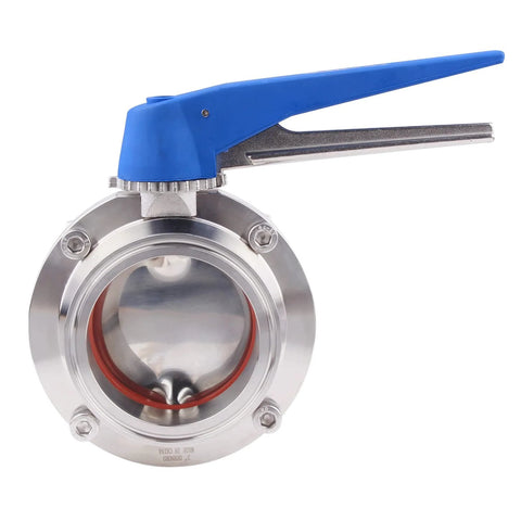 Butterfly valve with blue trigger handle, 3-inch tri-clamp, stainless steel 304, front view.