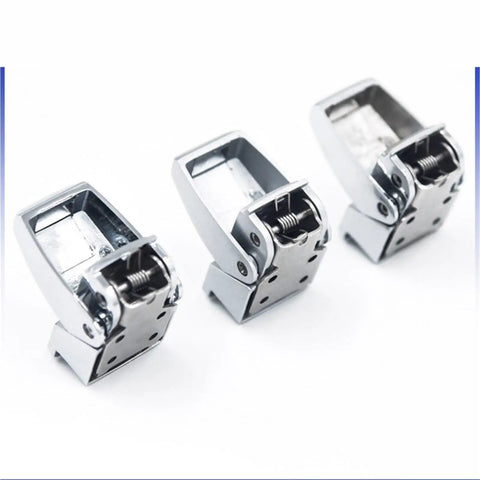 Rock Solid Heavy Duty Industrial Over Center Draw Latch With Keyhole Cabinet Lock And Bulletproof Paddle Catch For Tool Boxes And Equipment Cases For Shop Use, three metal latches shown from the front.
