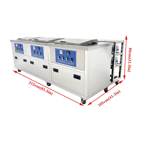 Techtongda 61L Industrial Ultrasonic Cleaner Machine With Triple Tank System shown with dimensions 212cm x 105cm x 80cm, stainless steel build.