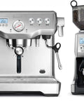 Top Shelf Dual Boiler Espresso Machine Paired With Smart Grinder System For Brewing Hella Smooth Specialty Brews And Flawless Microfoam Milk For Weekend Barista Sessions with silver stainless steel design.