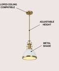 Brass Gold Modern Industrial 10 Inch Pendant Light With White Dome Shade, adjustable height, sloped ceiling compatible