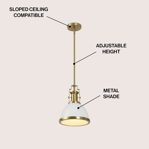 Brass Gold Modern Industrial 10 Inch Pendant Light With White Dome Shade, adjustable height, sloped ceiling compatible