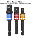 Hex To Square Socket Adapters Set One Quarter Inch Hex Shank Extension Kit with 1/4, 3/8, 1/2 inch colored heads