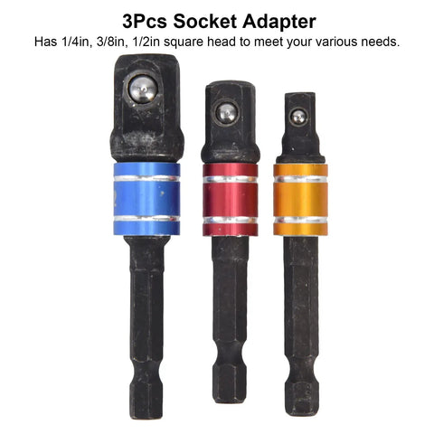 Must-Have 1/4 Inch Hex Shank To Square Head Socket Adapter Kit With Durable Chrome Steel Build For Versatile Tool Conversion And Heavy Duty Performance On Any Project. 3-piece set: 1/4, 3/8, 1/2 inch