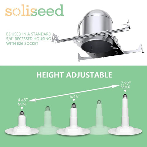 4 Pack 5 To 6 Inch LED Recessed Can Lights With Adjustable Length, showing height adjustment and installation in E26 socket