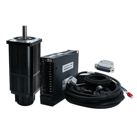 110ST-M04030 servo motor with matched drive and cables; black unit with silver shaft, industrial drive kit