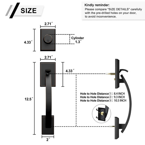 Front Door Handle Set With Double Door Lock And Dummy Handle, dimension details, oil-rubbed bronze, for home entry