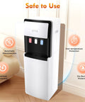 Water Cooler Dispenser With Bottom Loading For 5 Gallon Bottles With Three Temperature Settings Hot Cold And Room Temperature Water Perfect For Home Office Apartment White in a living room setting highlighting safety features.