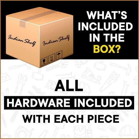 Cardboard box labeled 'Indian Shelf' with text 'All Hardware Included' for Clear Round Glass Cabinet Knobs 12 Piece Set For Drawers And Dressers Modern Hardware Decorative Drawer Pulls Rust Free Premium Glass Knobs For Kitchen Cabinets And Furniture Makeovers.