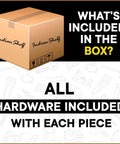 Box labeled 'Indian Shelf' with text 'What's included in the box? All hardware included with each piece'.
