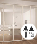 Privacy Barn Door Lock Teardrop Latch Black Carbon Steel For Sliding Barn Doors Pocket Doors Cabin Doors And Shed No Fuss Easy Install For Bedroom And Bathroom shown in package against glass doors.