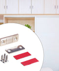 Super Sleek No Damage Cabinet Door Catches With Screws for Wardrobe And Drawer, includes metal catch, screws, red adhesive pads.