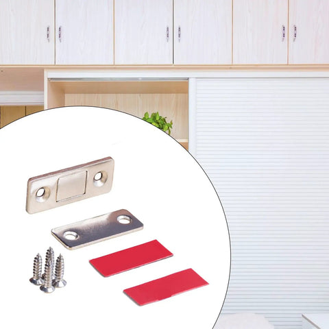 Super Sleek No Damage Cabinet Door Catches With Screws for Wardrobe And Drawer, includes metal catch, screws, red adhesive pads.