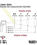 Diagram of infrared thermometer with dual laser targeting, auto scan, 12 to 1 distance to spot, backlit display, -22F to 752F range.
