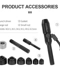 Portable Manual Hydraulic Hole Punch Kit With Six Dies 360 Degree Rotating Conduit Cutter Set, shown with punch driver and molds